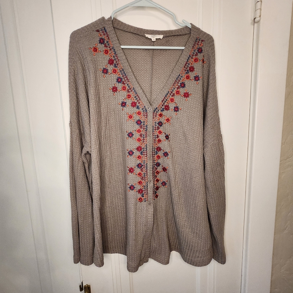 Entro Waffle Knit Embroidered Dolman Long Sleeve Top Button Down Women's 1X